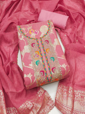 Peach Elegant Modal Jacquard Dress Material Adorned with Intricate Zari Weaving - Image 1