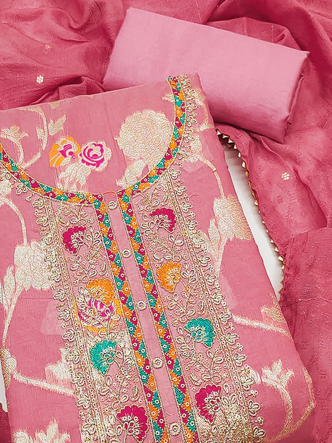 Peach Elegant Modal Jacquard Dress Material Adorned with Intricate Zari Weaving - Image 5