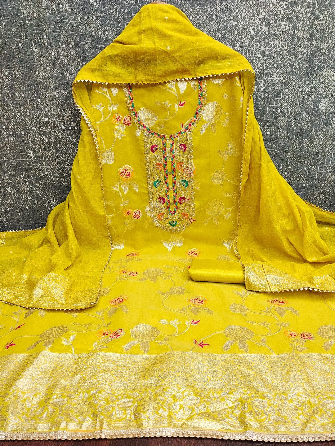 Yellow Elegant Modal Jacquard Dress Material Adorned with Intricate Zari Weaving - Image 4