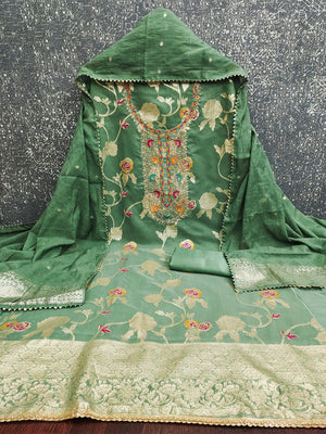 Green Elegant Modal Jacquard Dress Material Adorned with Intricate Zari Weaving - Image 2