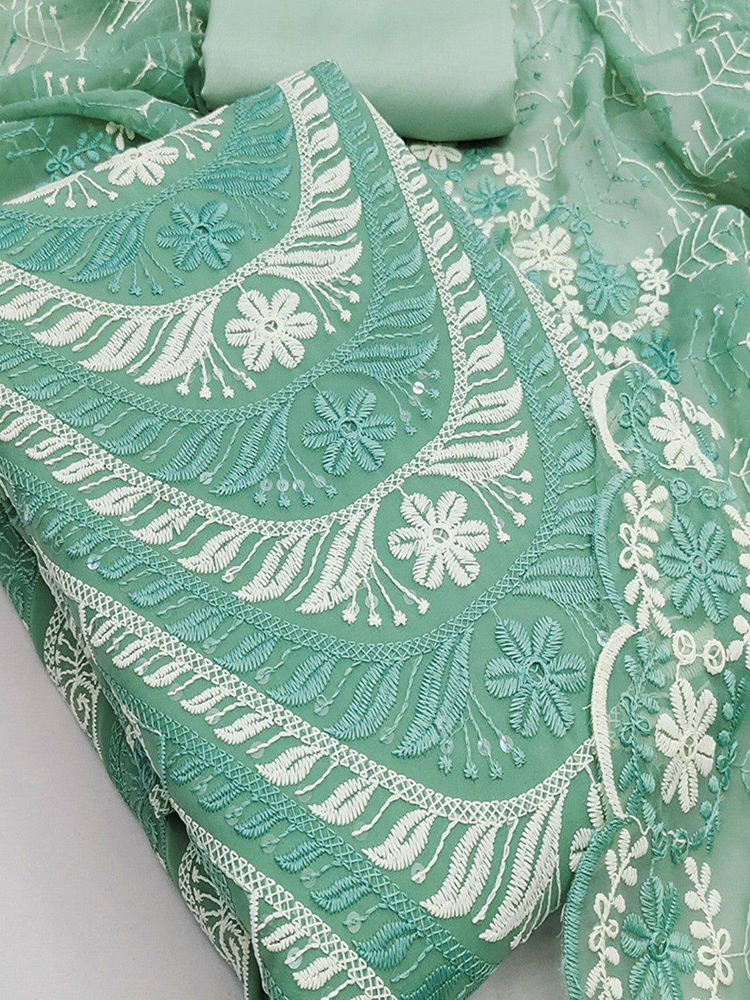 Elegant Turquoise Floral Embroidered Georgette Dress Material With Delicate Sequins Work - Image 5