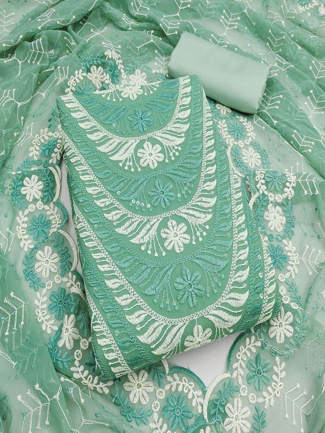 Elegant Turquoise Floral Embroidered Georgette Dress Material With Delicate Sequins Work - Image 4
