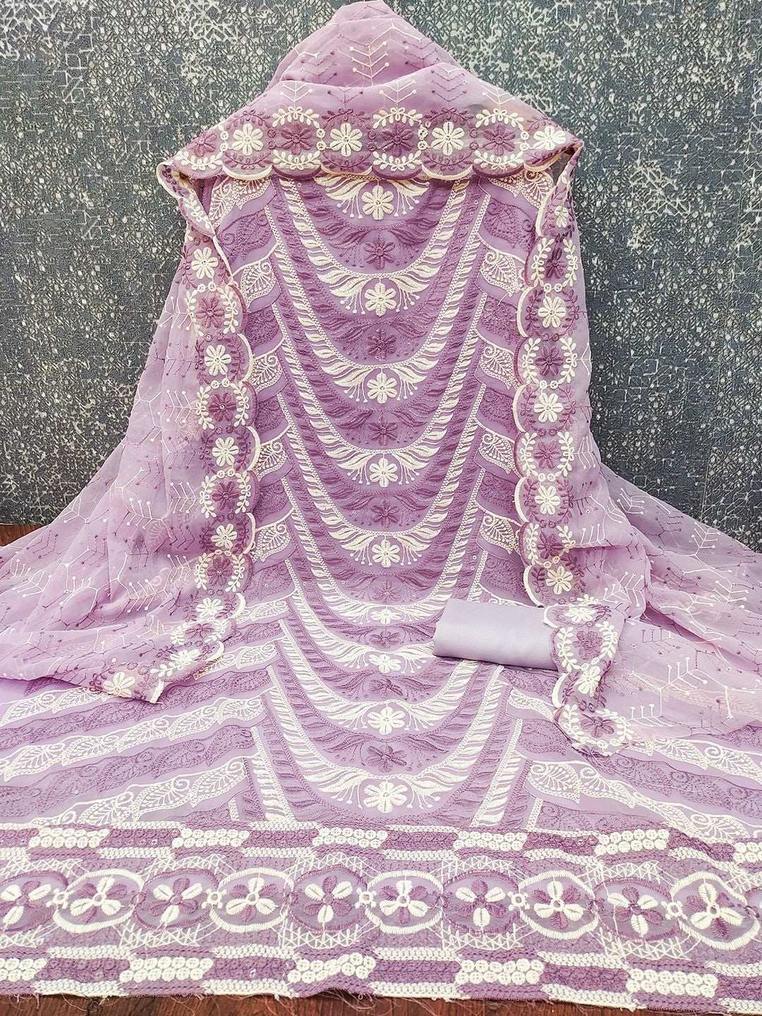 2Elegant Lavender Floral Embroidered Georgette Dress Material With Delicate Sequins Work - Image 3