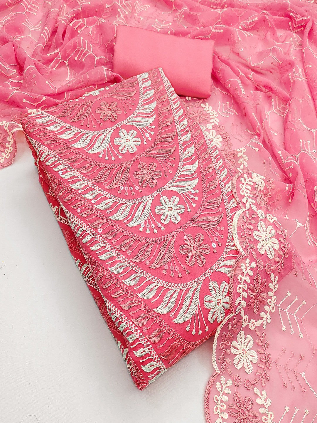 Elegant Pink Floral Embroidered Georgette Dress Material With Delicate Sequins Work - Image 1
