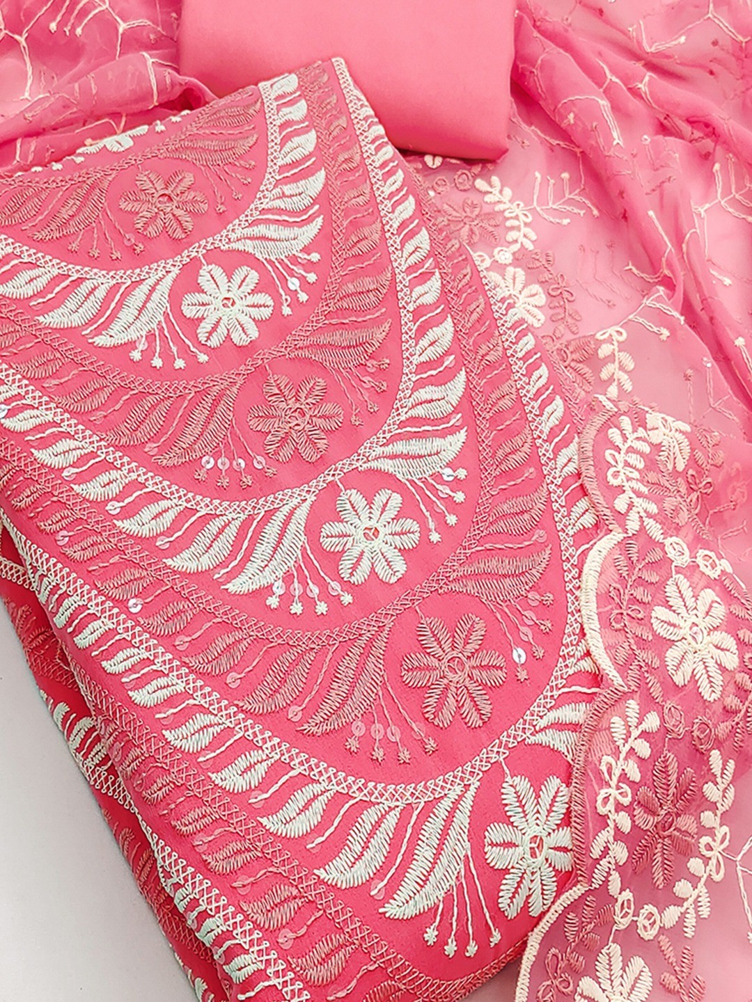 Elegant Pink Floral Embroidered Georgette Dress Material With Delicate Sequins Work - Image 5