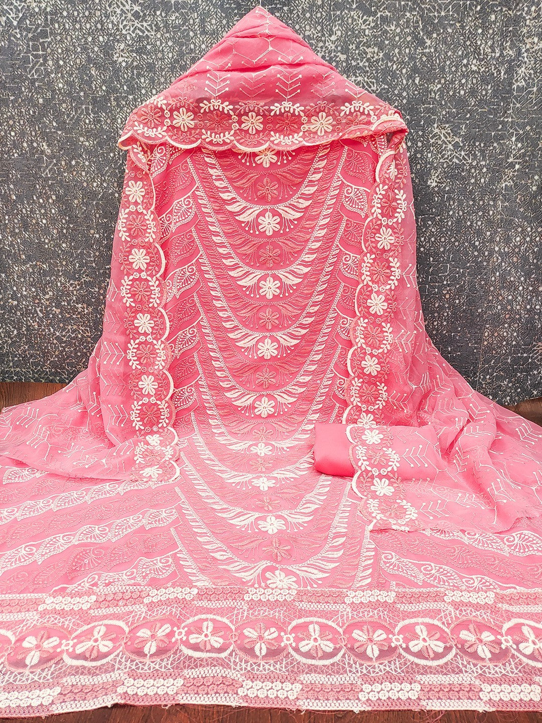 Elegant Pink Floral Embroidered Georgette Dress Material With Delicate Sequins Work - Image 3