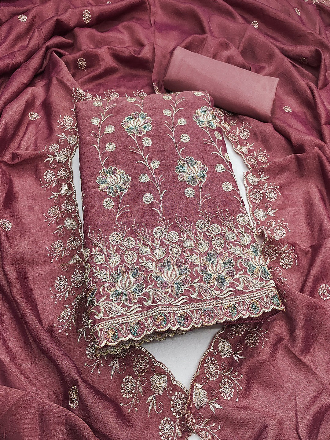 Graceful Dsuty Rose Pink Floral Embroidered Vichitra Silk Ethnic Dress Material - Image 1