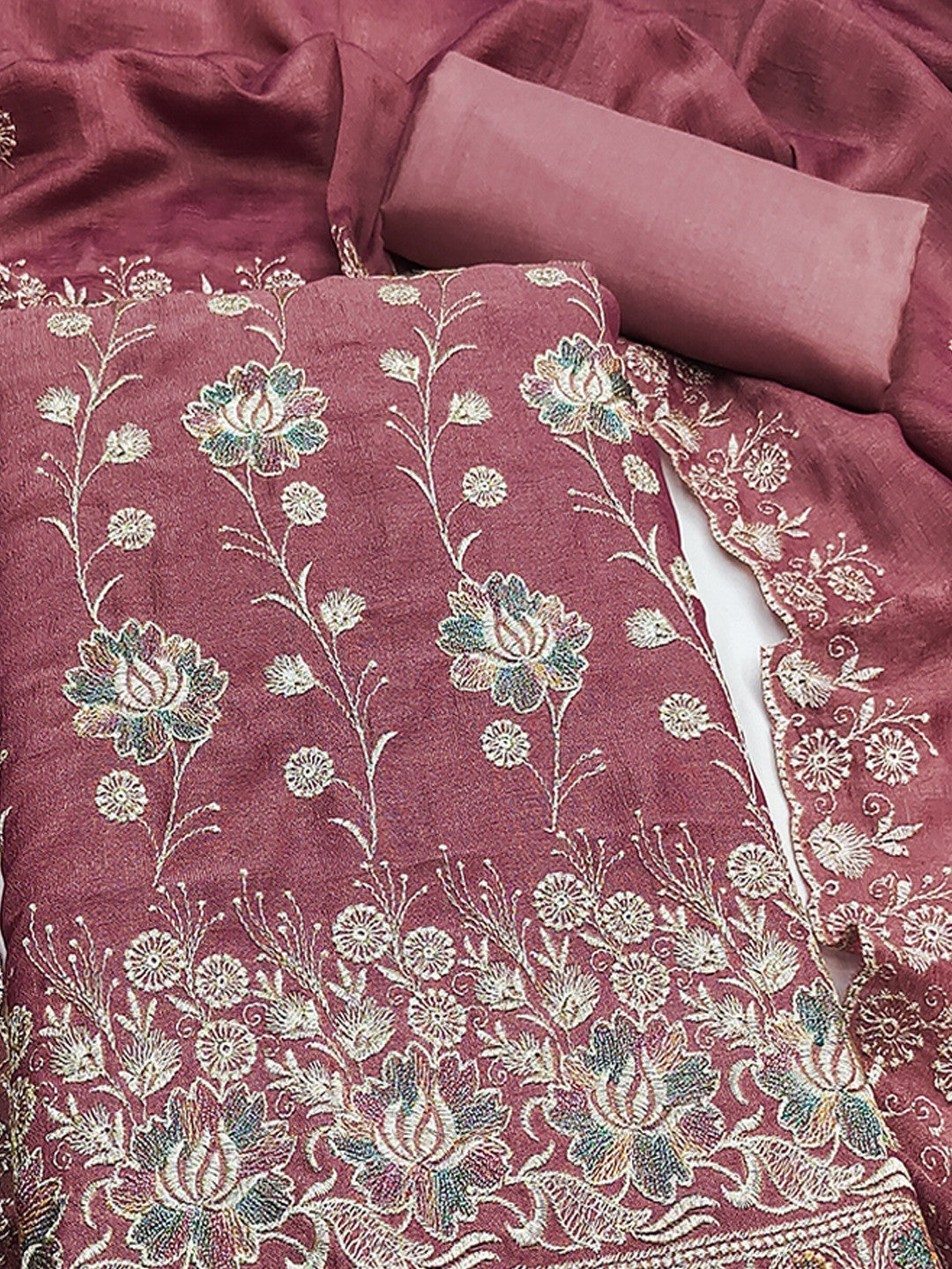Graceful Dsuty Rose Pink Floral Embroidered Vichitra Silk Ethnic Dress Material - Image 4