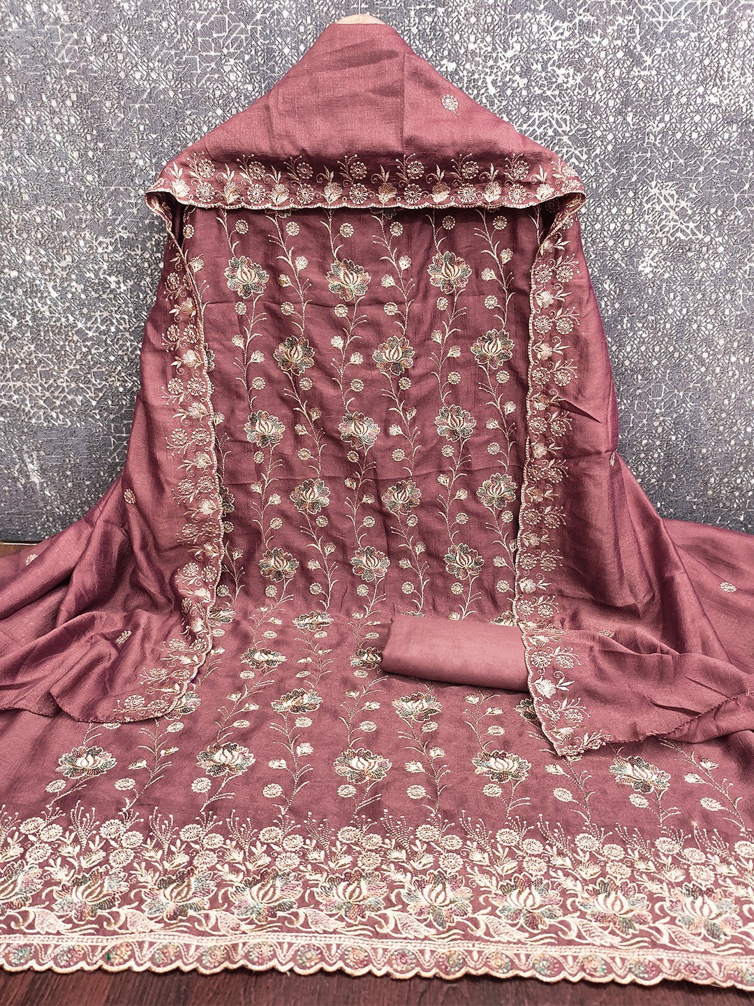 Graceful Dsuty Rose Pink Floral Embroidered Vichitra Silk Ethnic Dress Material - Image 2