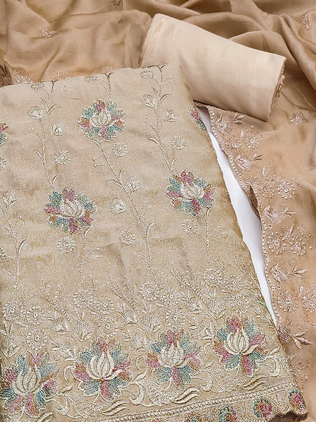 Graceful Chikoo Floral Embroidered Vichitra Silk Ethnic Dress Material - Image 4