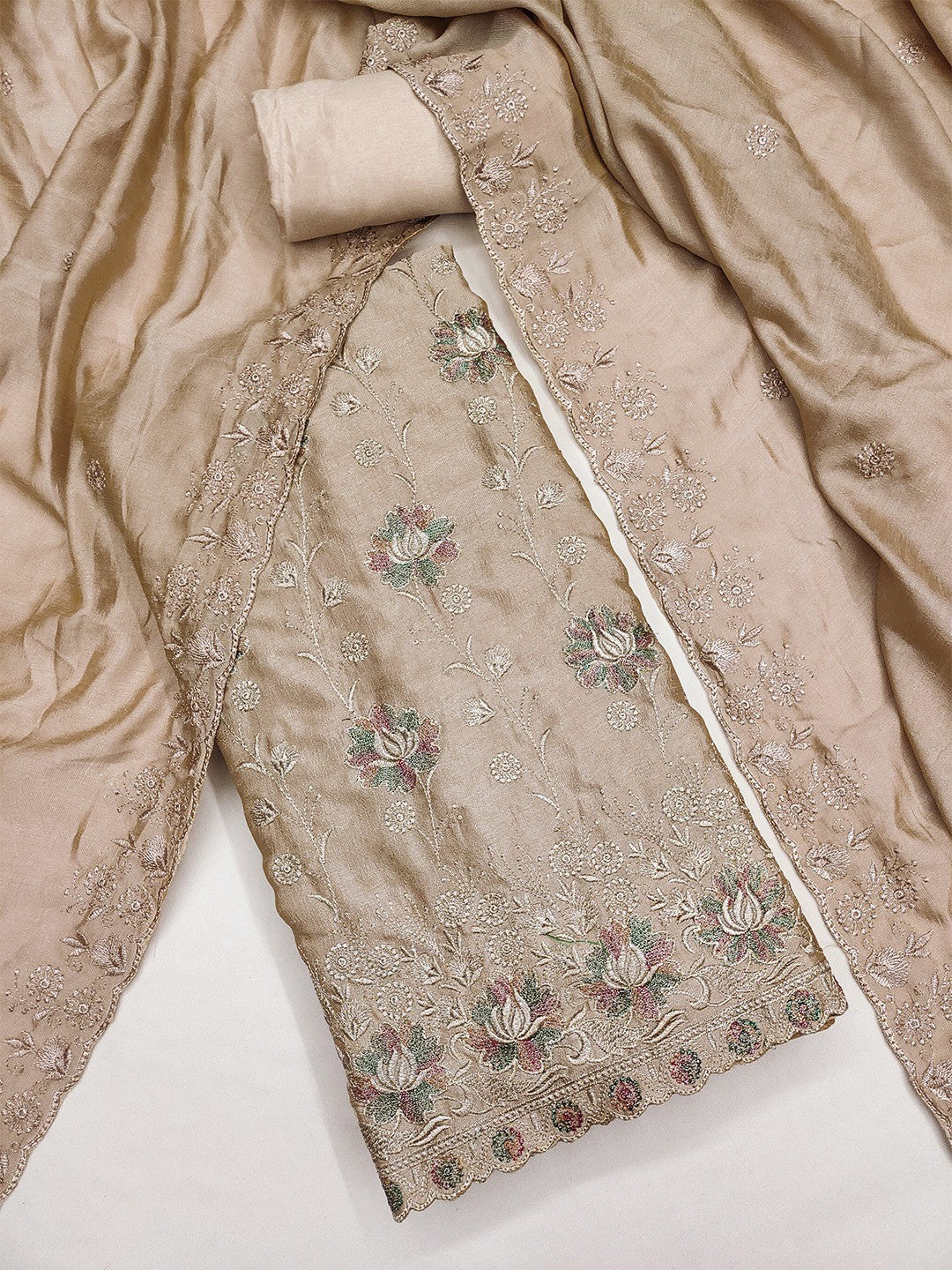 Graceful Chikoo Floral Embroidered Vichitra Silk Ethnic Dress Material - Image 3