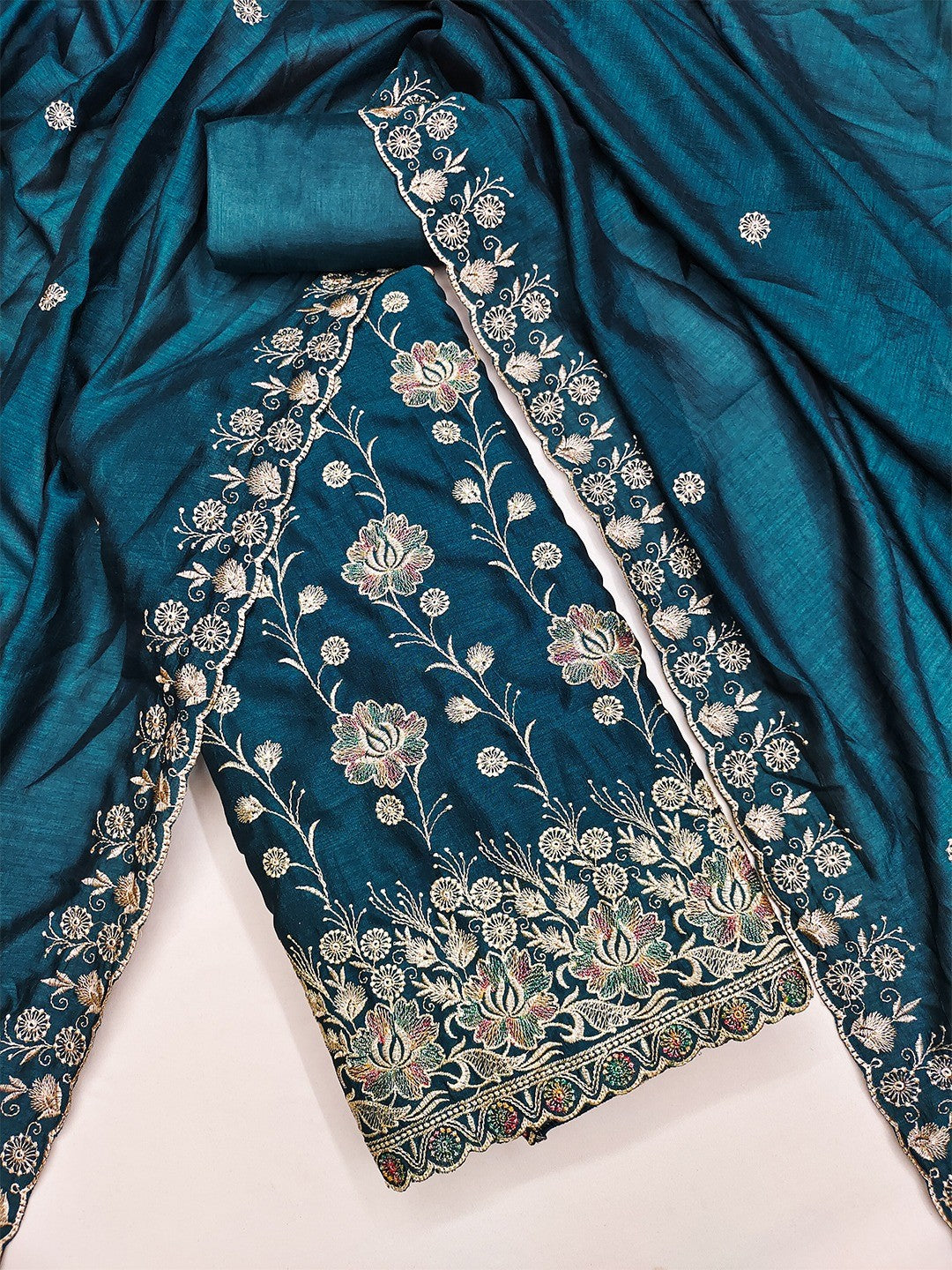 Graceful Morpich Blue Floral Embroidered Vichitra Silk Ethnic Dress Material - Image 3