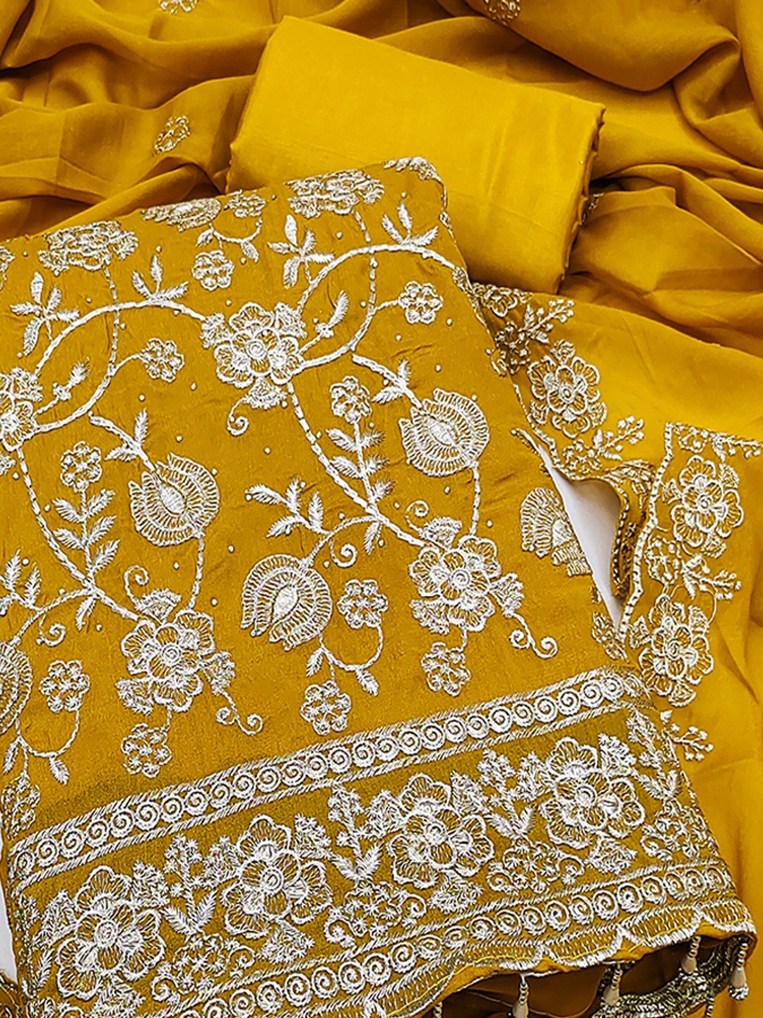 Premium Mustard Floral Zari Embroidery Georgette Dress Material Enhanced With Swarovski Work - Image 4