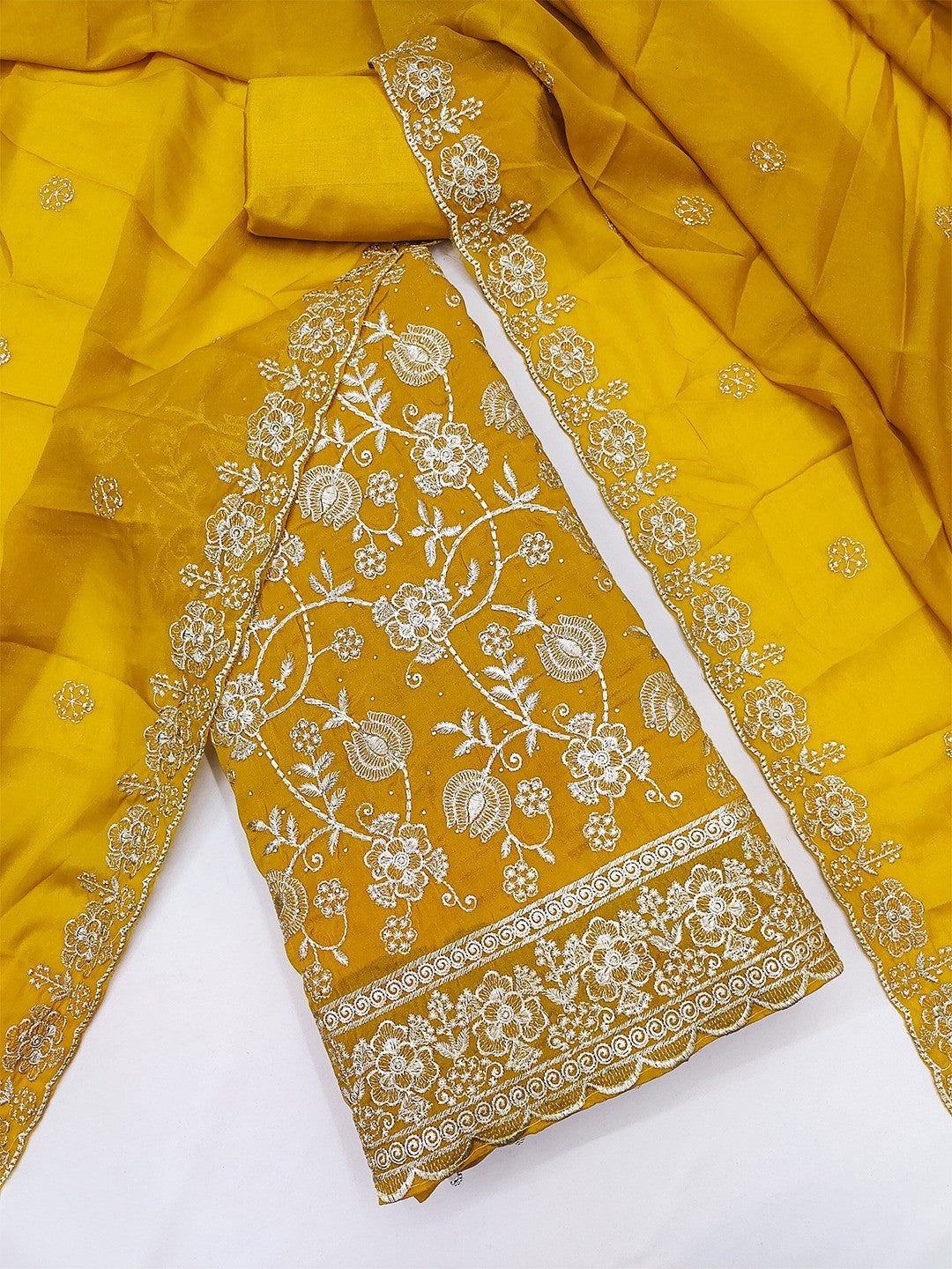 Premium Mustard Floral Zari Embroidery Georgette Dress Material Enhanced With Swarovski Work - Image 3