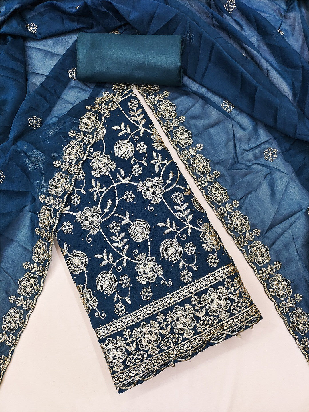 Premium Morpich Blue Floral Zari Embroidery Georgette Dress Material Enhanced With Swarovski Work - Image 3