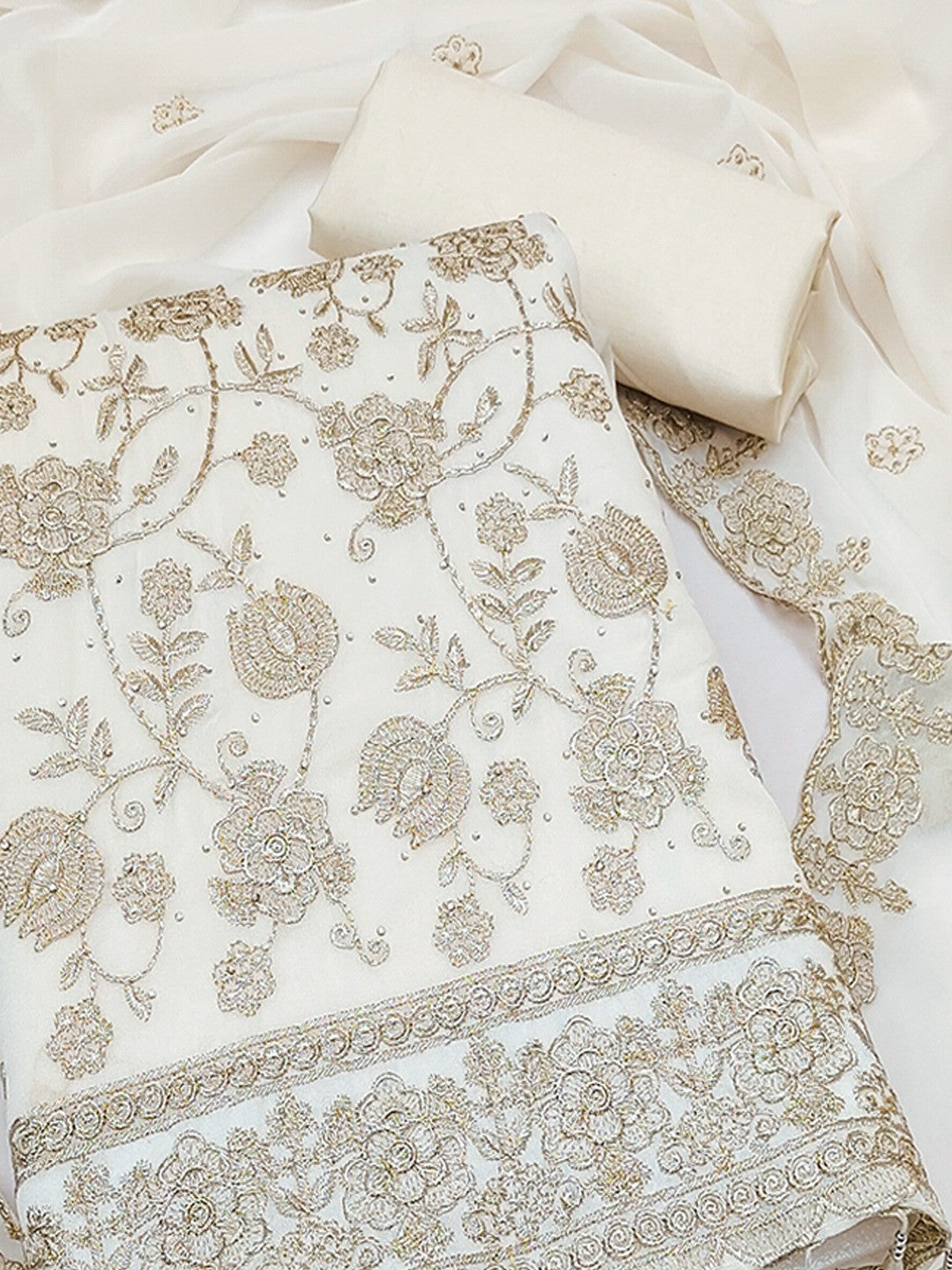 Premium Cream  Floral Zari Embroidery Georgette Dress Material Enhanced With Swarovski Work - Image 4