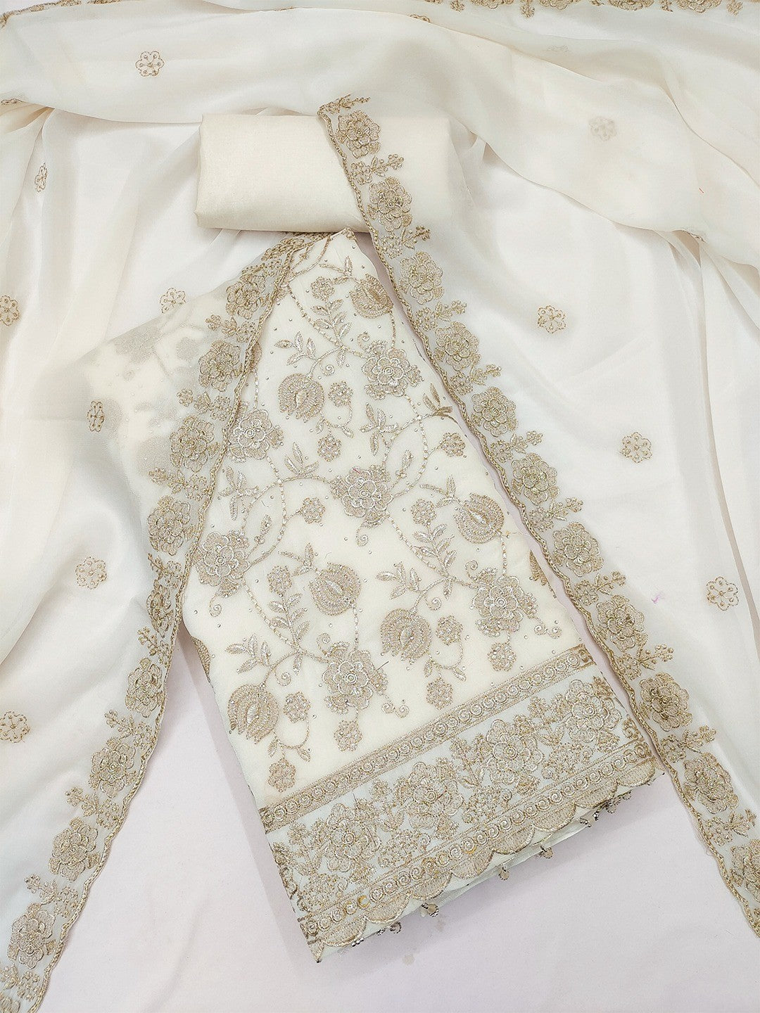 Premium Cream  Floral Zari Embroidery Georgette Dress Material Enhanced With Swarovski Work - Image 3