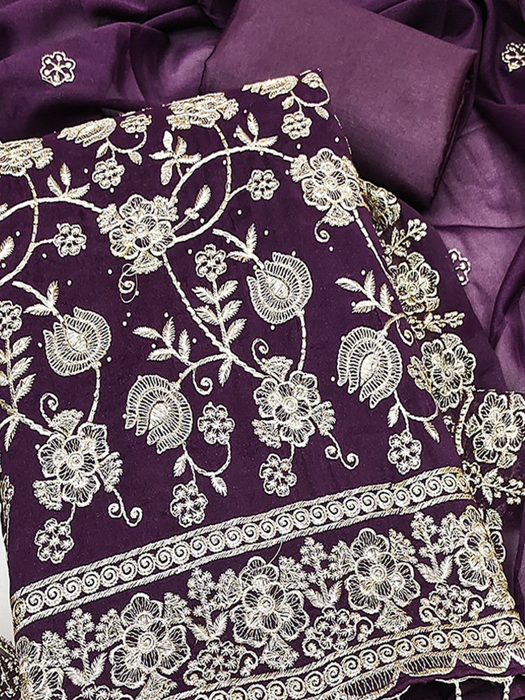 Premium Wine Floral Zari Embroidery Georgette Dress Material Enhanced With Swarovski Work - Image 4