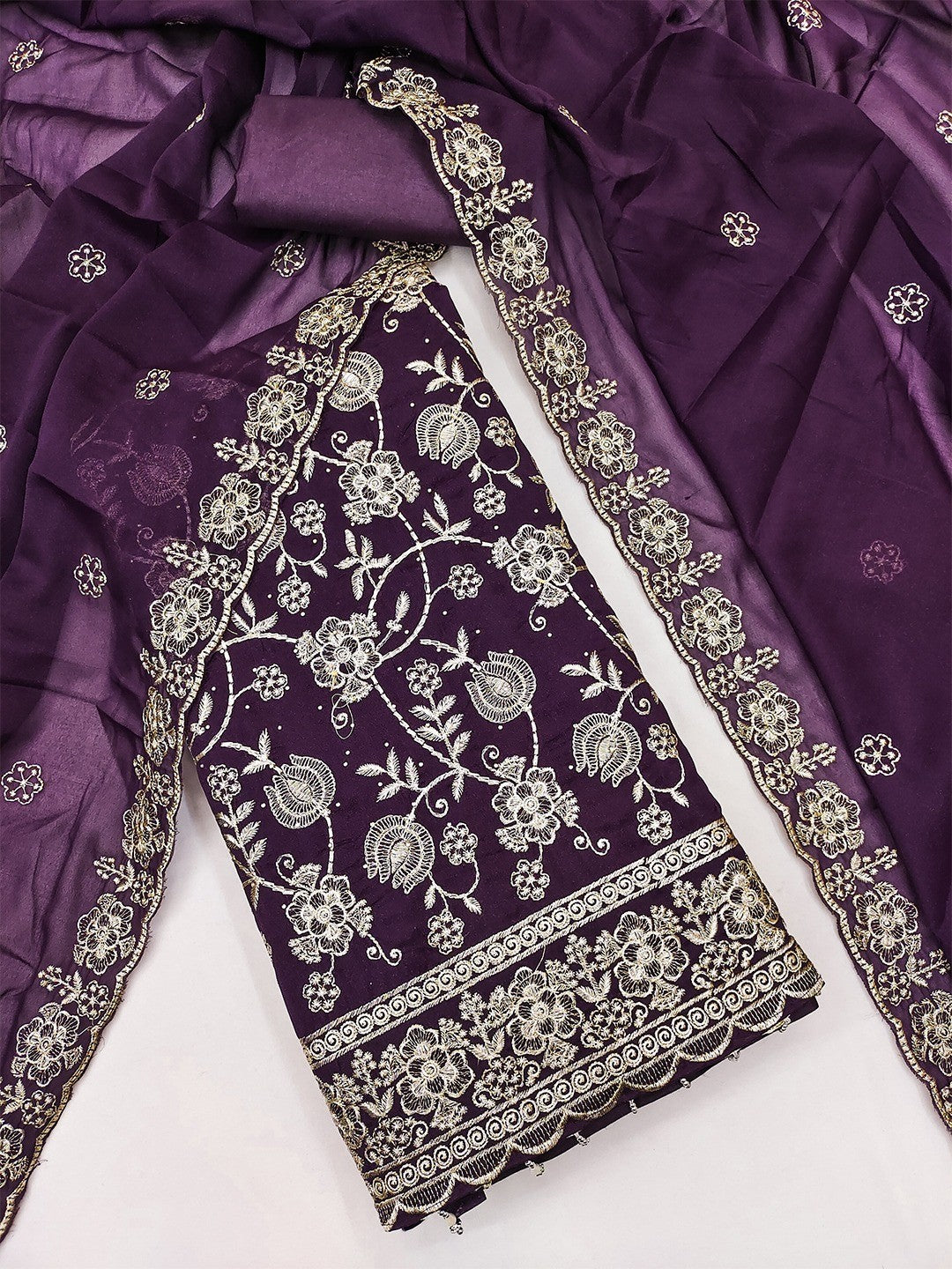 Premium Wine Floral Zari Embroidery Georgette Dress Material Enhanced With Swarovski Work - Image 3