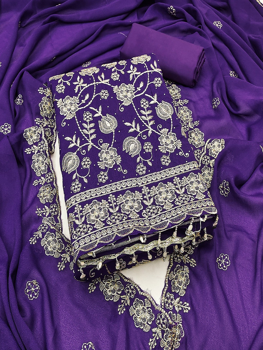 Premium Purple Floral Zari Embroidery Georgette Dress Material Enhanced With Swarovski Work - Image 1