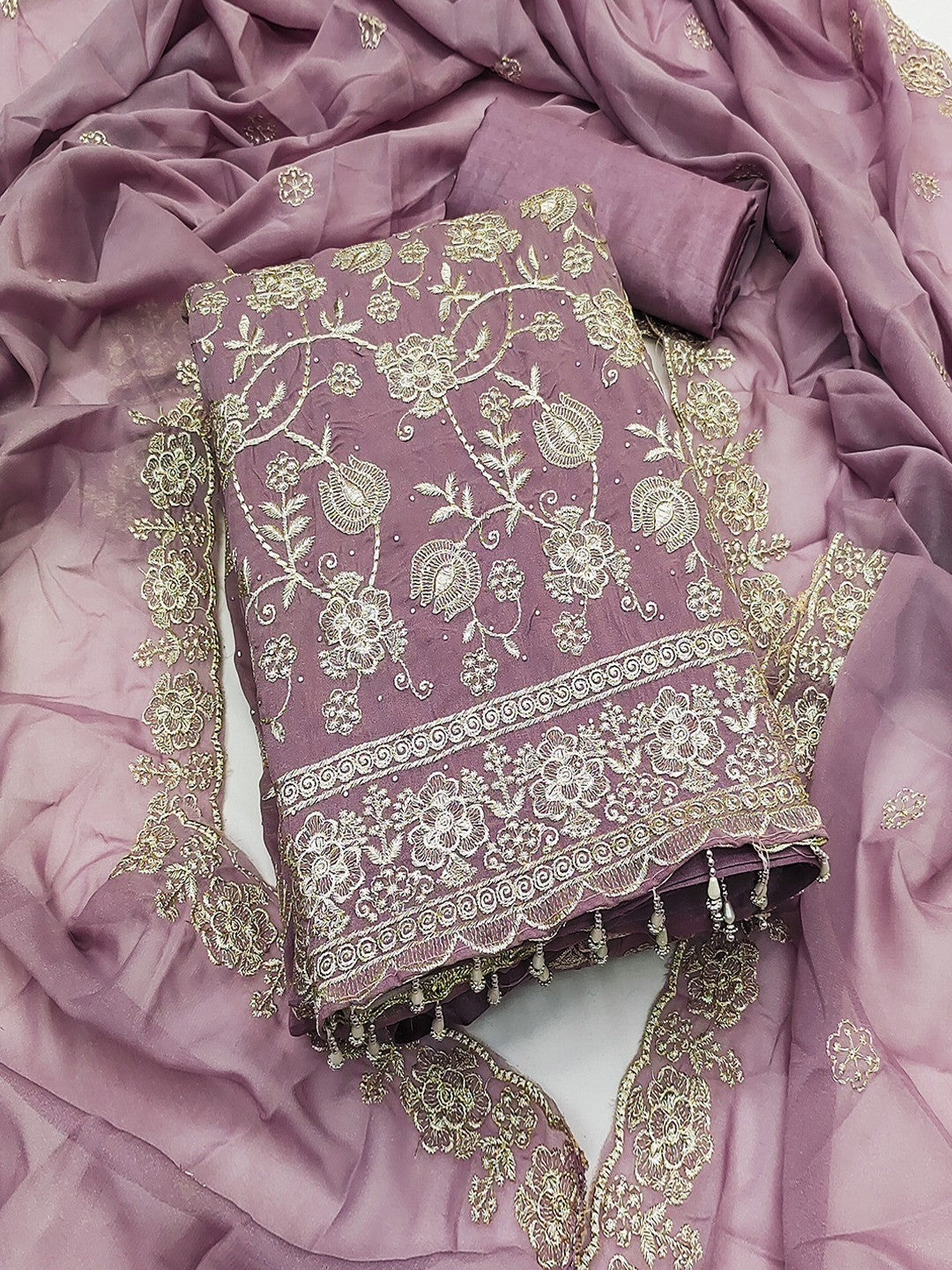 Premium Mauve Floral Zari Embroidery Georgette Dress Material Enhanced With Swarovski Work - Image 1