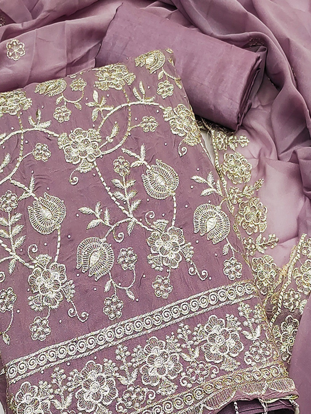 Premium Mauve Floral Zari Embroidery Georgette Dress Material Enhanced With Swarovski Work - Image 4