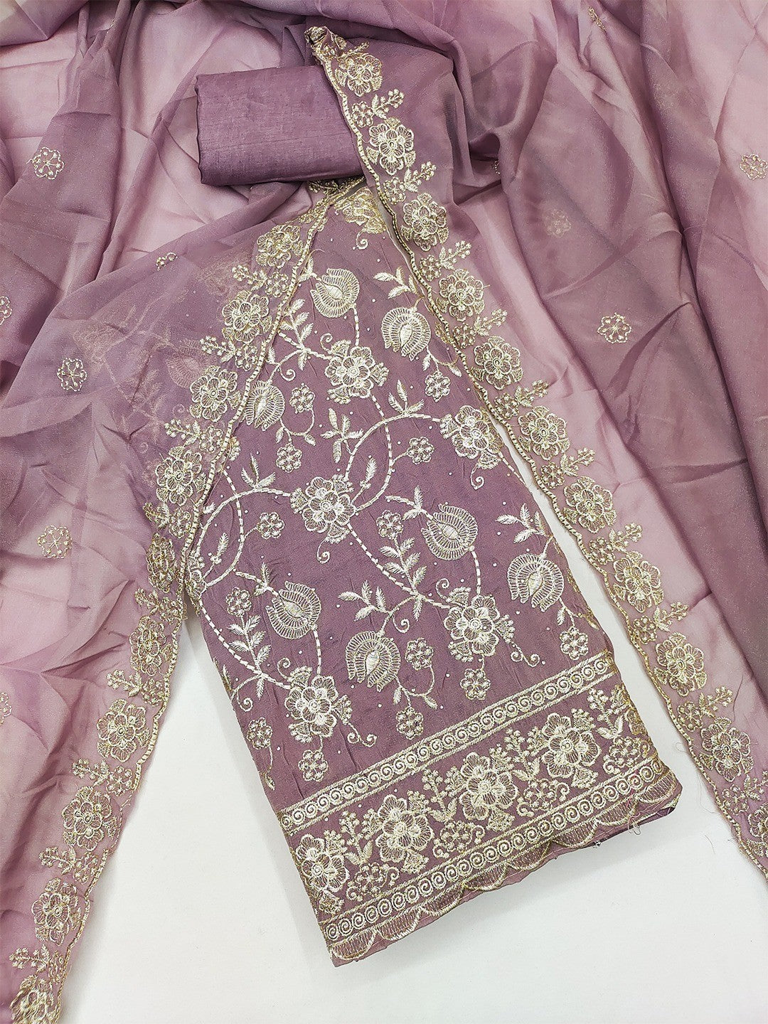 Premium Mauve Floral Zari Embroidery Georgette Dress Material Enhanced With Swarovski Work - Image 3