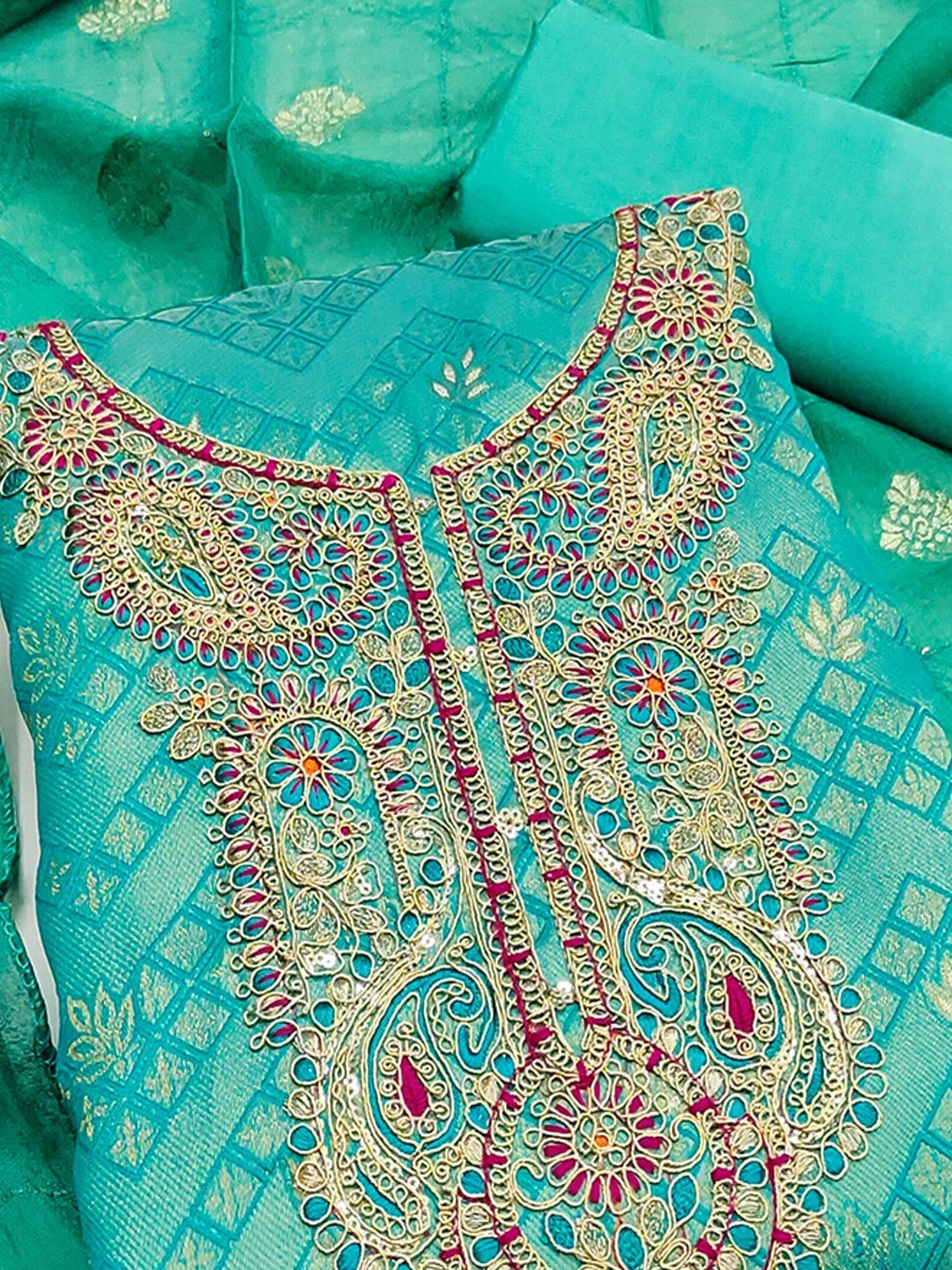 Graceful Turquoise Floral Weaving Shimmer Jacquard Dress Material With Cording Sequins Embroidery - Image 5