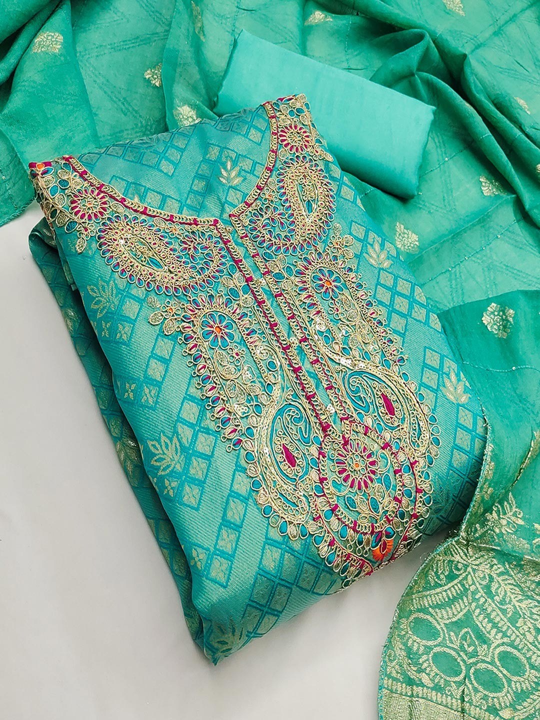 Graceful Turquoise Floral Weaving Shimmer Jacquard Dress Material With Cording Sequins Embroidery - Image 4