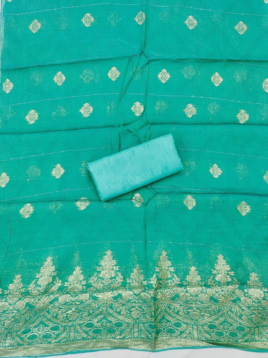 Graceful Turquoise Floral Weaving Shimmer Jacquard Dress Material With Cording Sequins Embroidery - Image 2