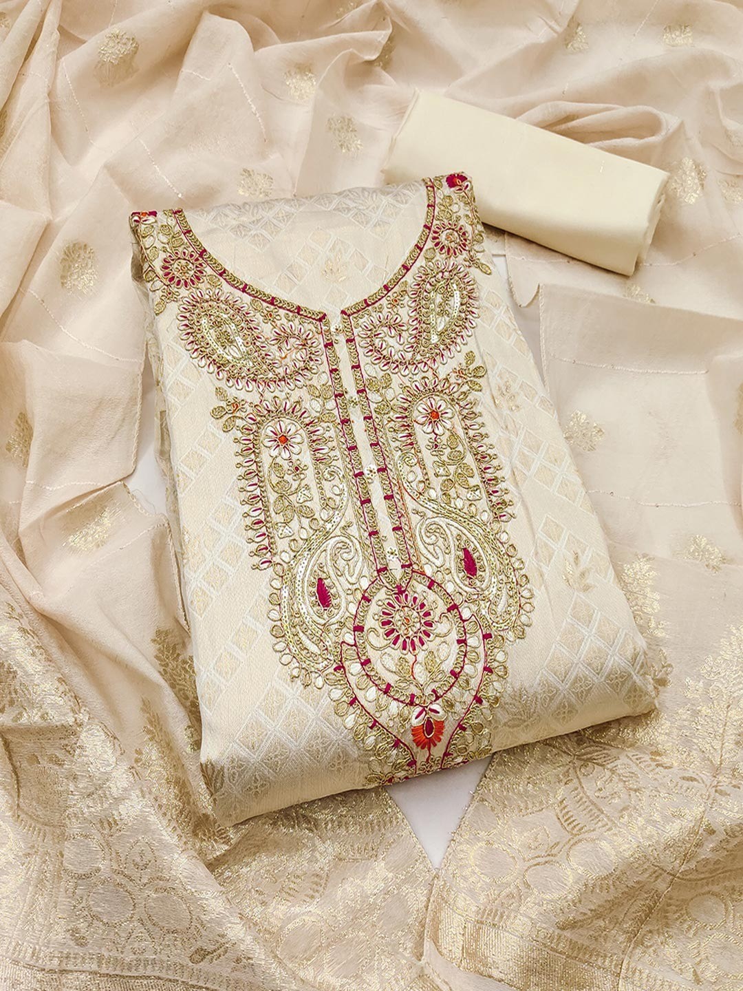 Graceful Cream Floral Weaving Shimmer Jacquard Dress Material With Cording Sequins Embroidery - Image 1