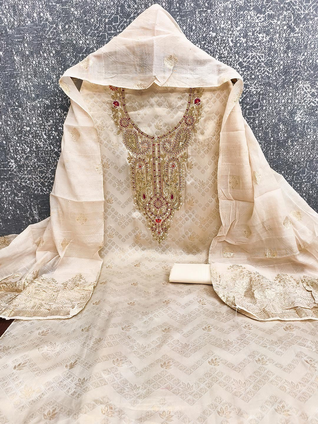 Graceful Cream Floral Weaving Shimmer Jacquard Dress Material With Cording Sequins Embroidery - Image 3