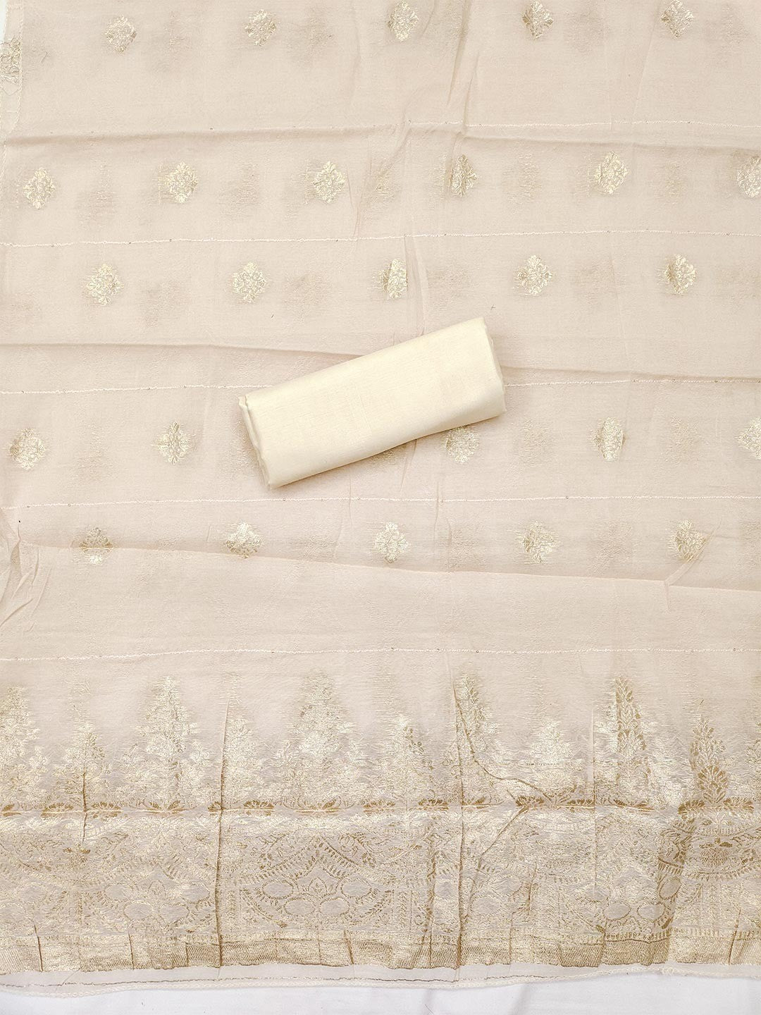 Graceful Cream Floral Weaving Shimmer Jacquard Dress Material With Cording Sequins Embroidery - Image 2