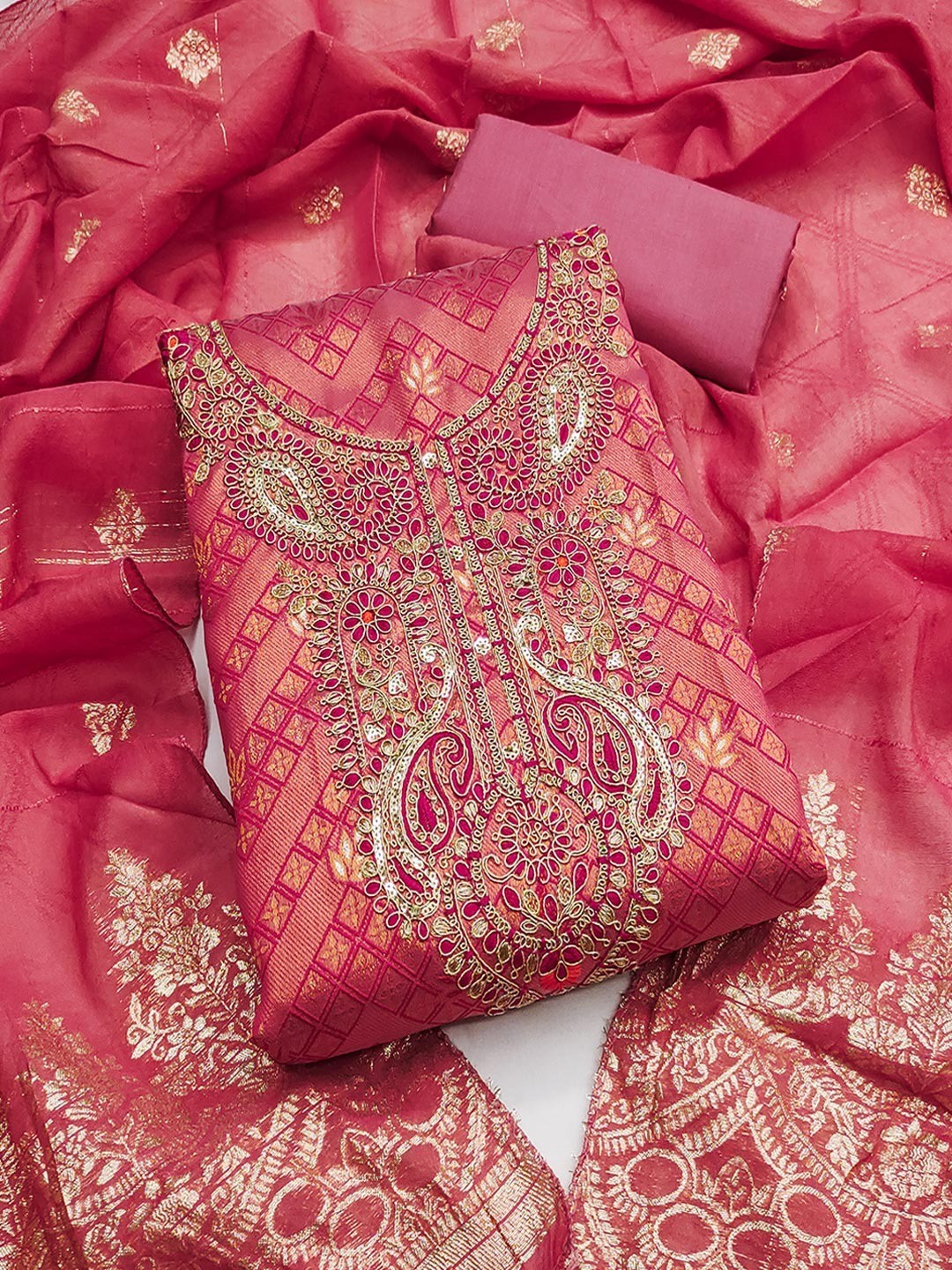 Graceful Pink Floral Weaving Shimmer Jacquard Dress Material With Cording Sequins Embroidery - Image 1