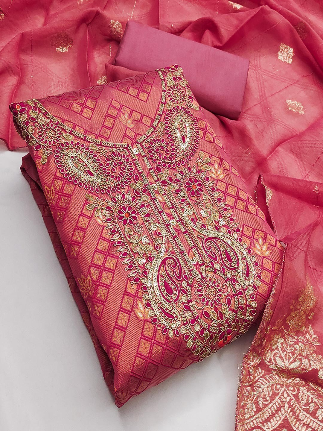 Graceful Pink Floral Weaving Shimmer Jacquard Dress Material With Cording Sequins Embroidery - Image 4