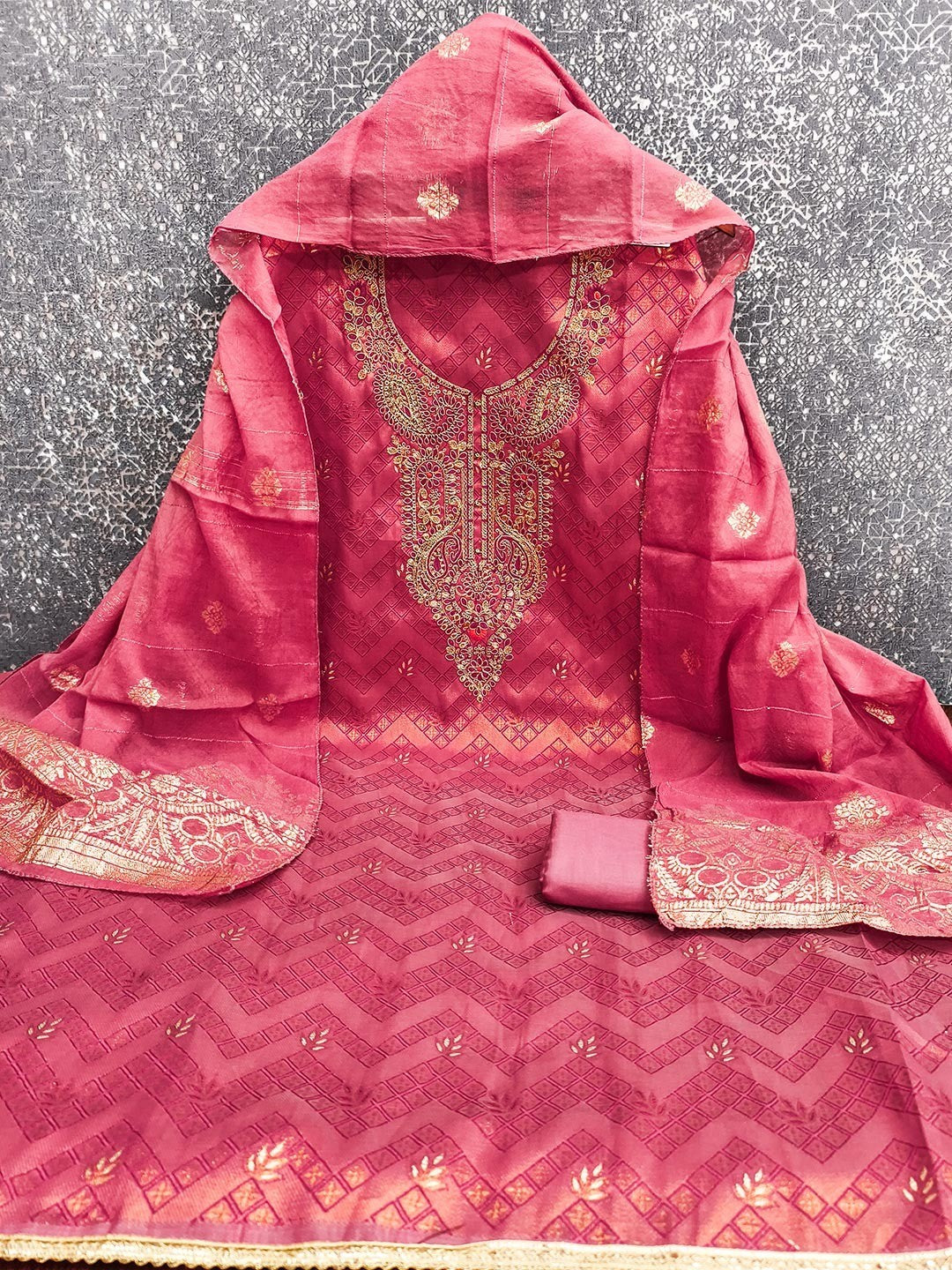 Graceful Pink Floral Weaving Shimmer Jacquard Dress Material With Cording Sequins Embroidery - Image 3