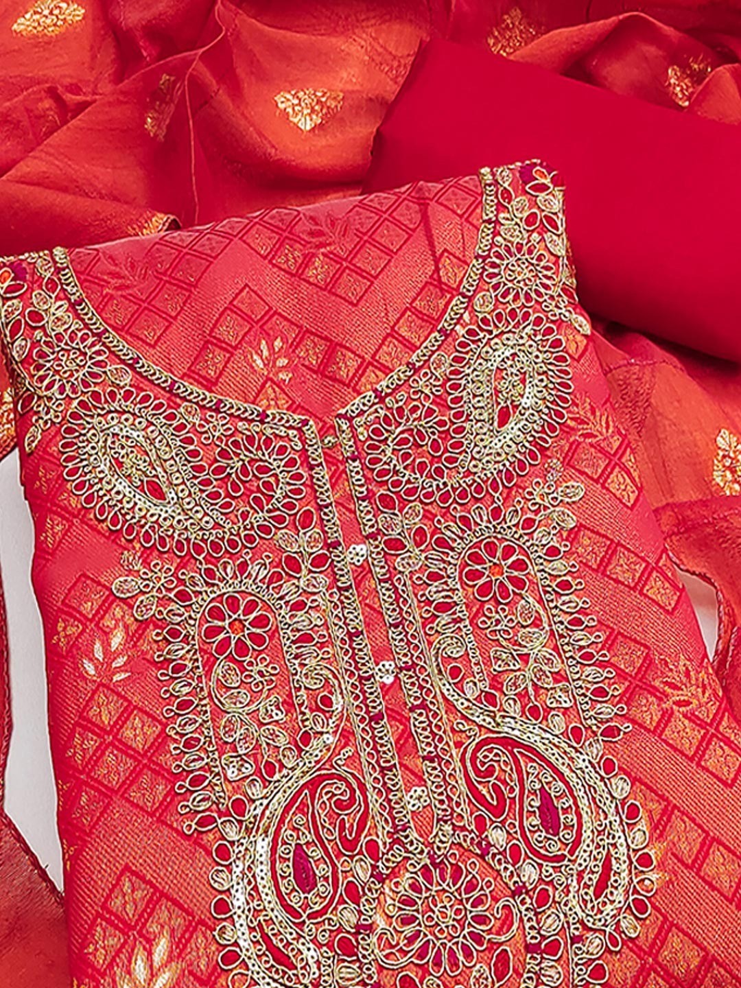 Graceful Red Floral Weaving Shimmer Jacquard Dress Material With Cording Sequins Embroidery - Image 5