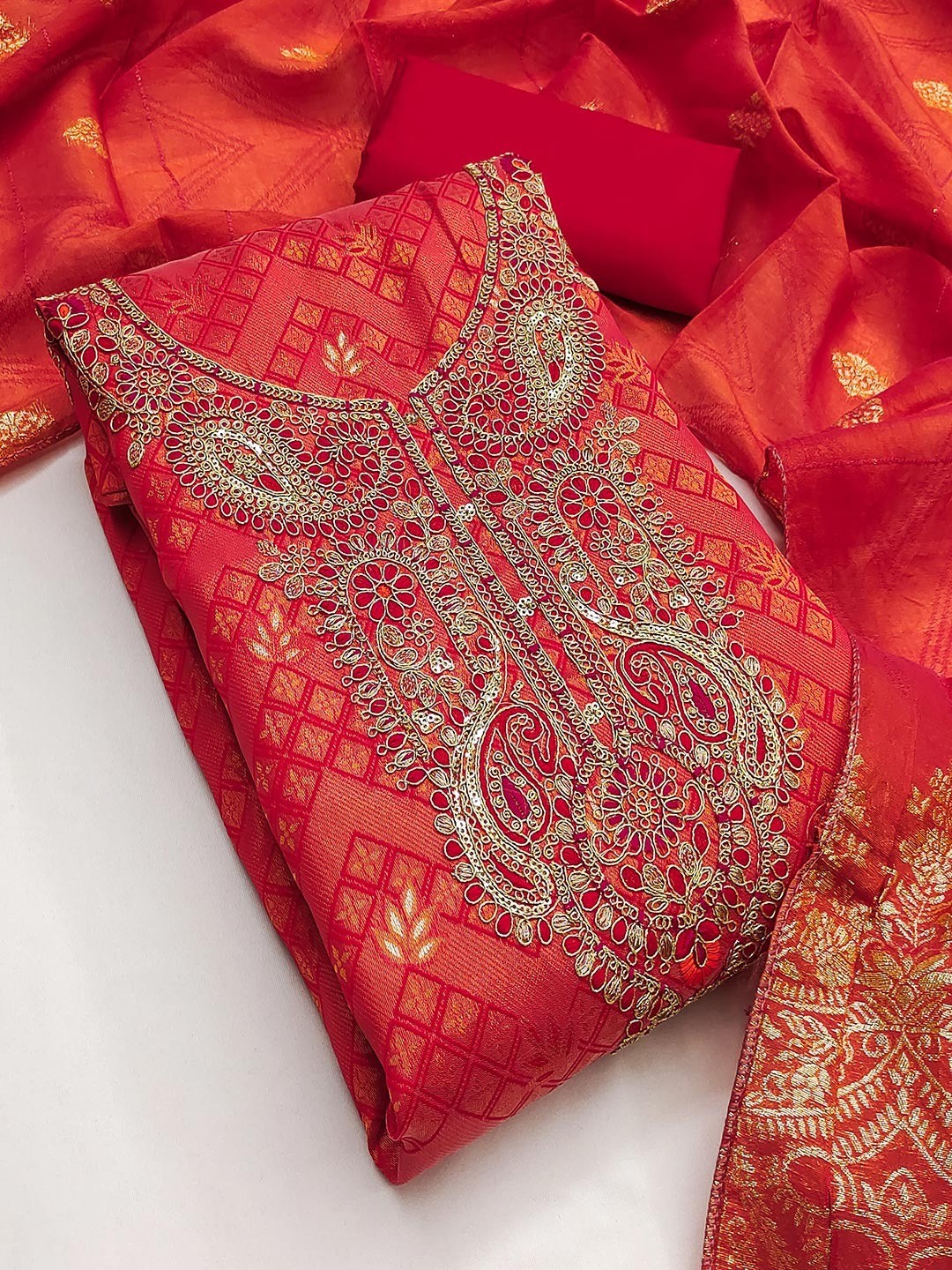 Graceful Red Floral Weaving Shimmer Jacquard Dress Material With Cording Sequins Embroidery - Image 4