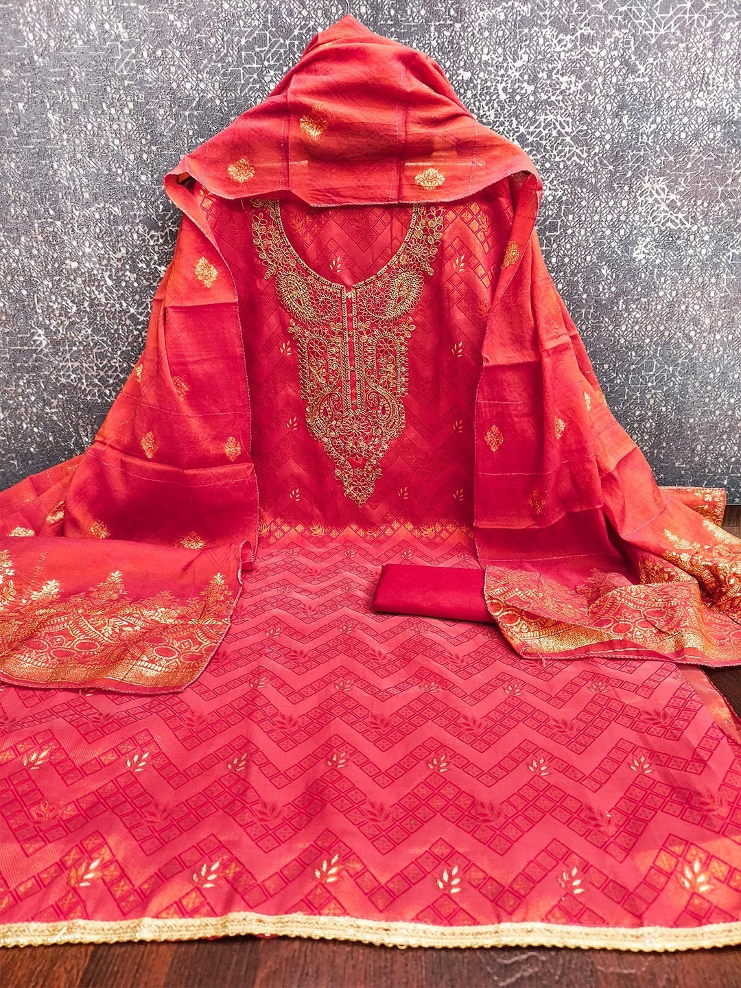 Graceful Red Floral Weaving Shimmer Jacquard Dress Material With Cording Sequins Embroidery - Image 3