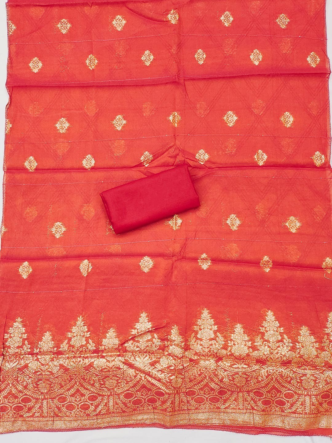 Graceful Red Floral Weaving Shimmer Jacquard Dress Material With Cording Sequins Embroidery - Image 2