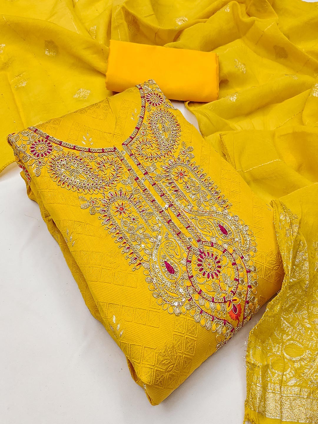 Graceful Yellow Floral Weaving Shimmer Jacquard Dress Material With Cording Sequins Embroidery - Image 4