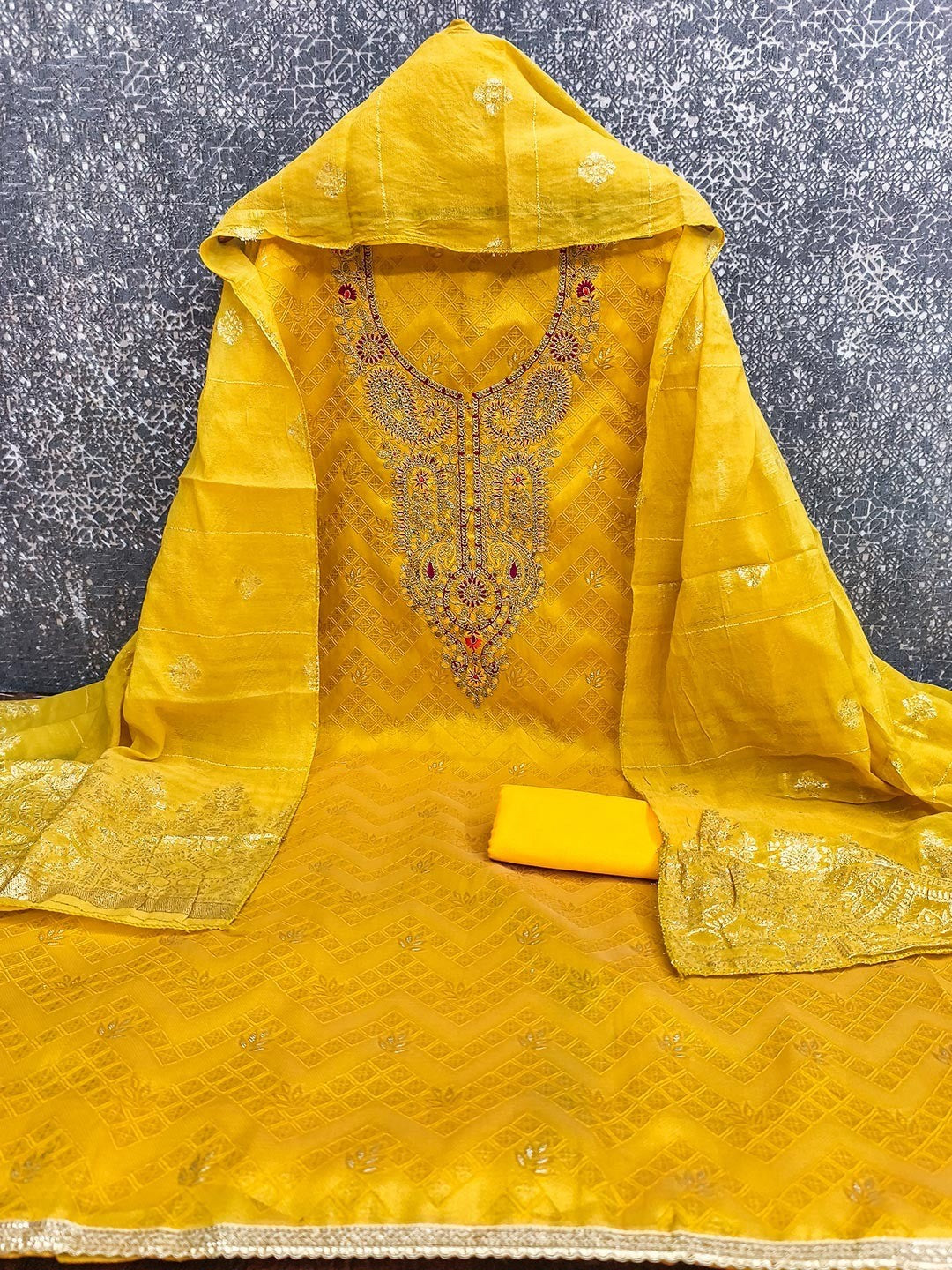 Graceful Yellow Floral Weaving Shimmer Jacquard Dress Material With Cording Sequins Embroidery - Image 3