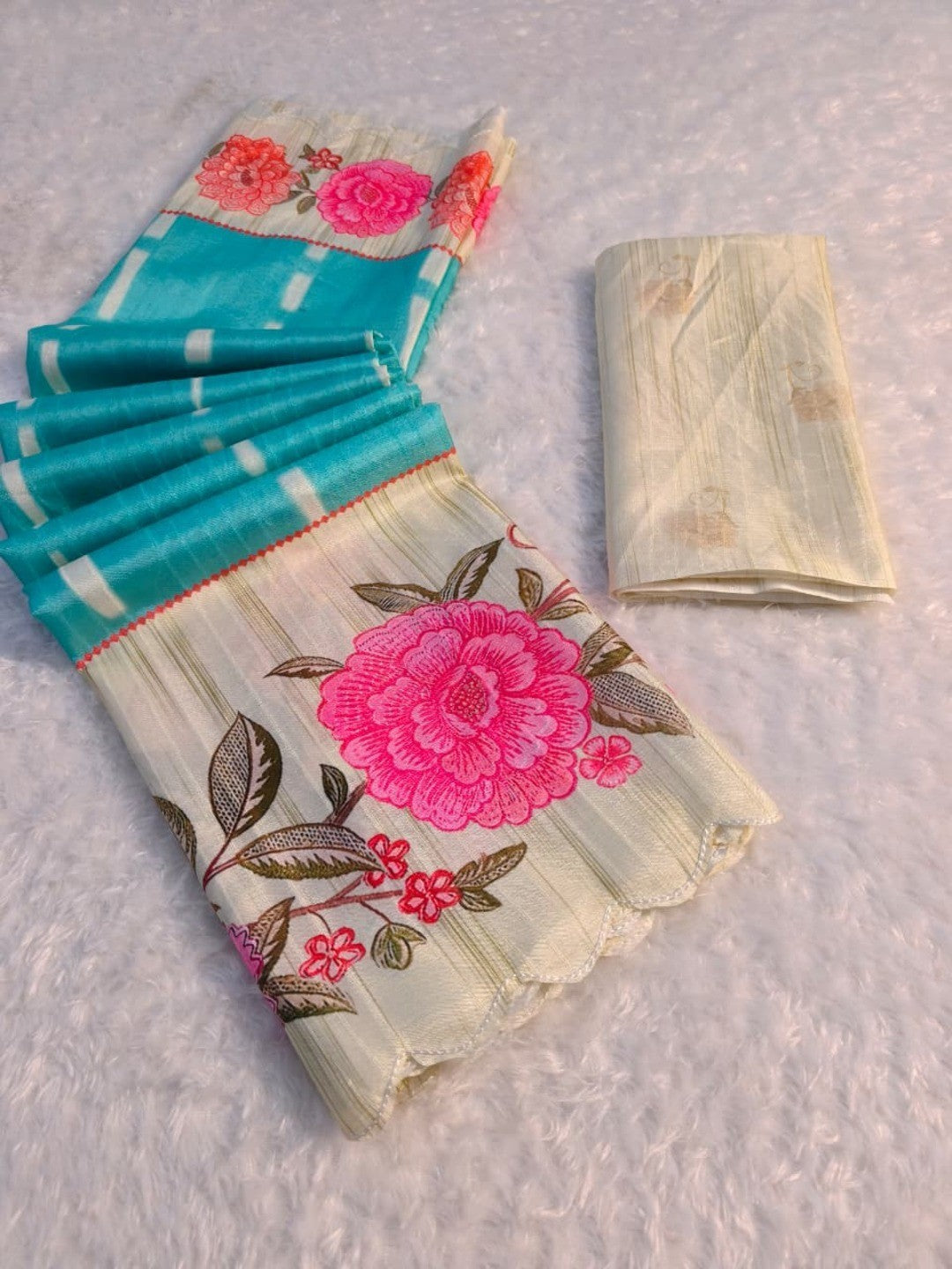 Elegant Blue Tussar Silk Saree with Floral Print and Scalloped Border - Image 2