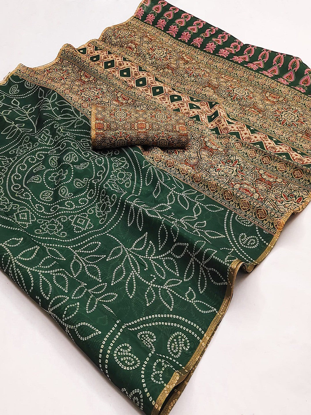 Dark Green Linen Saree with Bandhani Print and Ethnic Motifs - Image 2