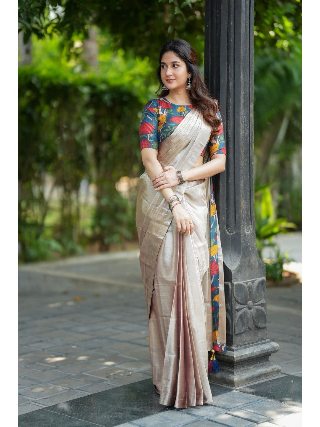 Timeless Beige Chiffon Saree with Floral Accent Blouse for Party Wear Collection - Image 1