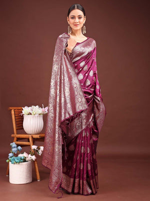 Elegant Purple Banarasi Silk Saree with Silver Zari Weaving - Image 2