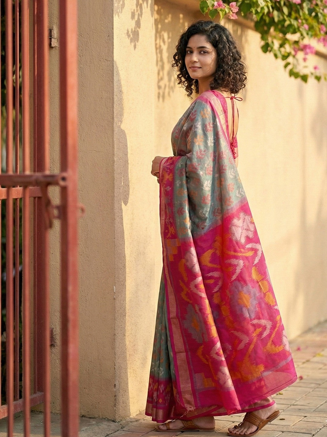 Classic Grey Ikkat Inspired Silk Blend Saree Featuring Traditional Zari Weaving Work - Image 3