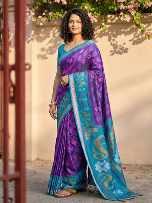 Classic Violet Ikkat Inspired Silk Blend Saree Featuring Traditional Zari Weaving Work - Image 1