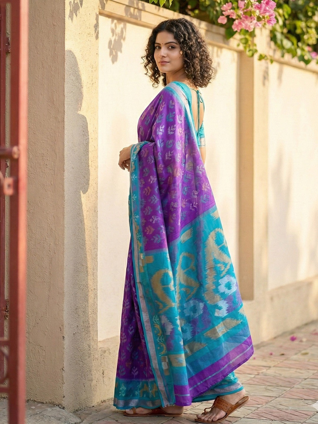 Classic Violet Ikkat Inspired Silk Blend Saree Featuring Traditional Zari Weaving Work - Image 3
