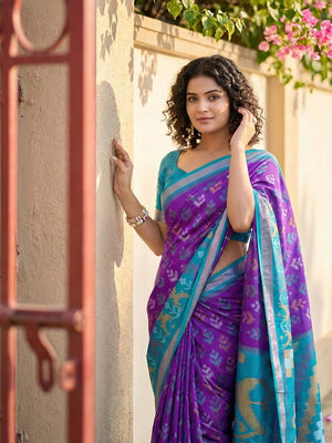 Classic Violet Ikkat Inspired Silk Blend Saree Featuring Traditional Zari Weaving Work - Image 2